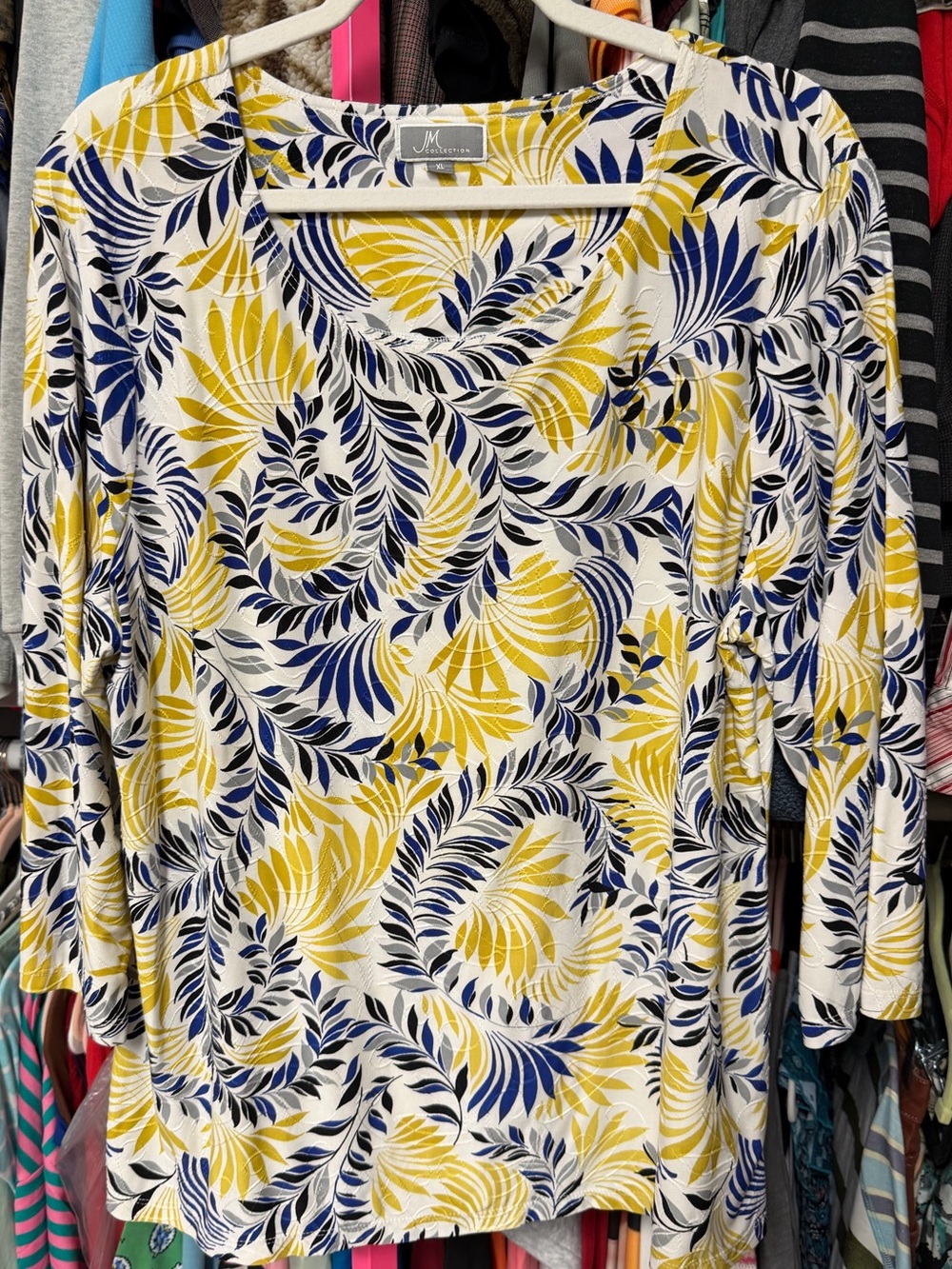 JM Collection women’s size XL blouse Textured Navy Blue multicolor 3/4 Sleeves